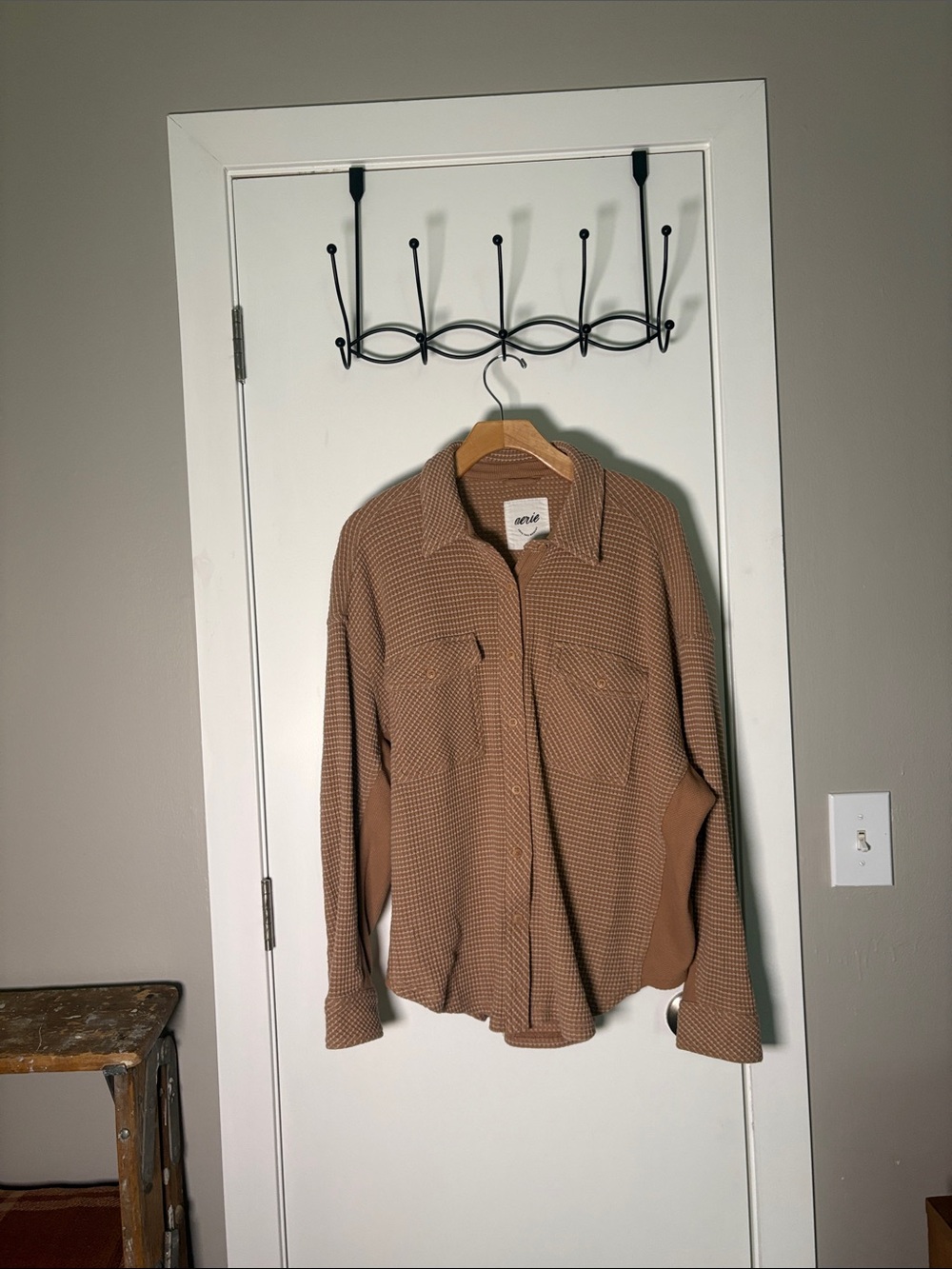aerie Waffle-Knit Button Shirt in Camel Brown